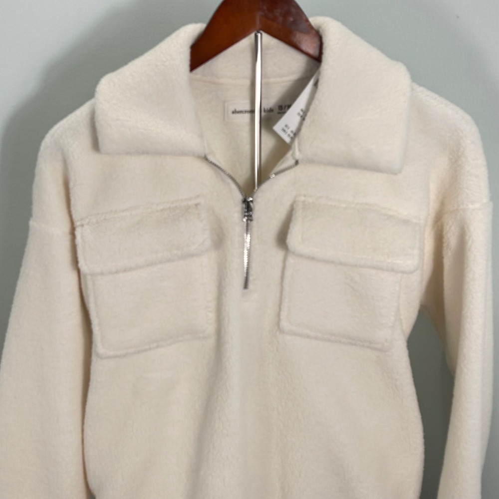 Abercrombie Kids Cream Sherpa Faux Fur Half Zip Fleece Pullover Sweatshirt 15/16 - Picture 3 of 8